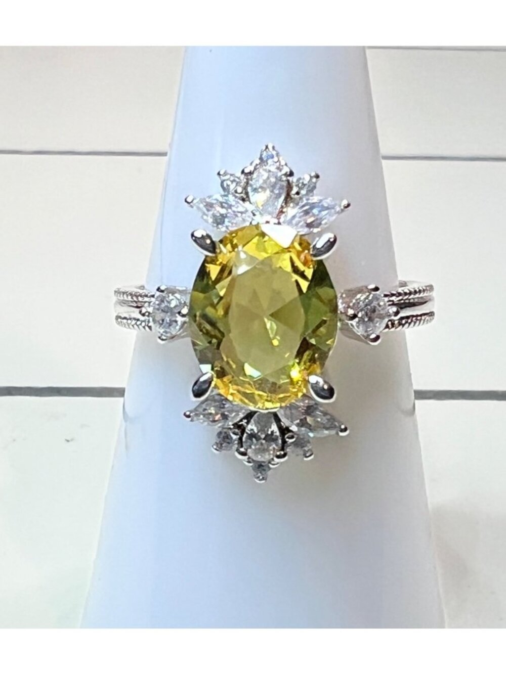 Bomb Party Ring #3018, size 7, LC Citrine, rhodium plating, fashion jewelry, yel